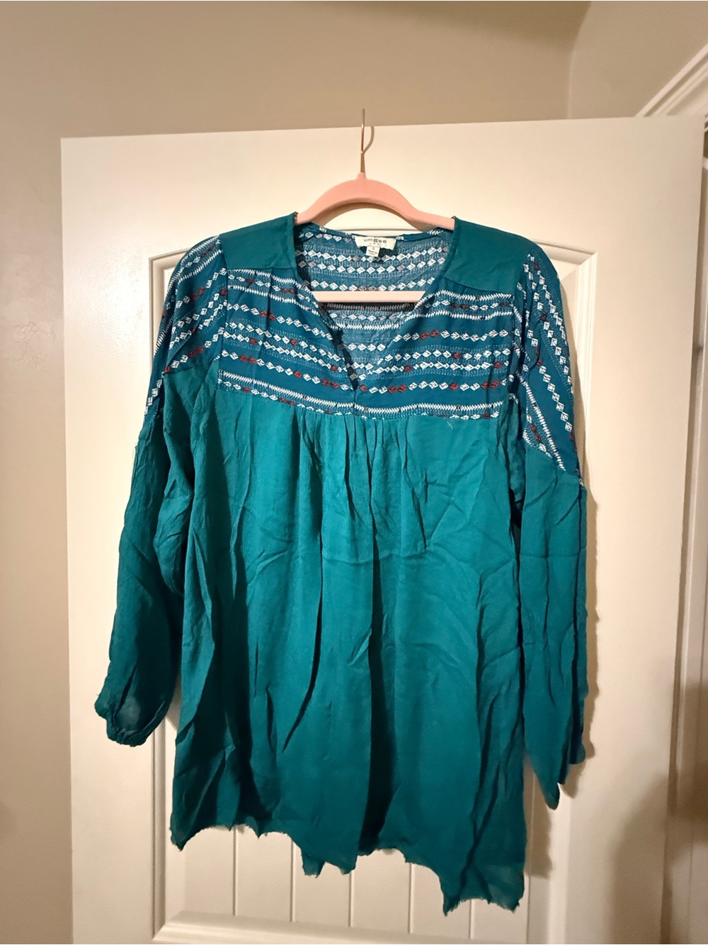 Umgee Teal Embroidered Peasant Tunic NWOT